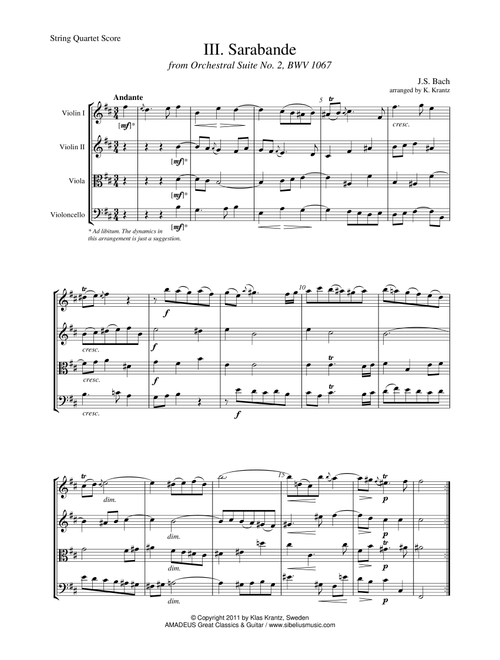 Sarabande Suite 2 BWV 1067 for string quartet (Arr. K. Krantz) - J.S. Bach (String Quartet)