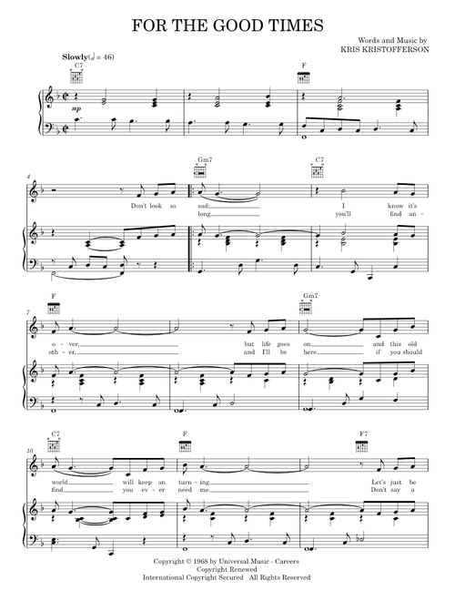 For The Good Times - Elvis Presley, Kris Kristofferson, Ray Price (Piano-Vocal-Guitar)