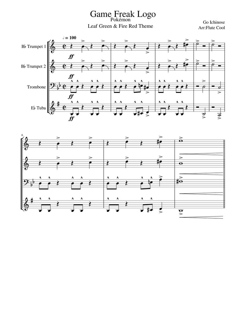 Main Theme of & Leafgreen(Opening Movie) Sheet music for Trombone, Tuba, Trumpet in b-flat (Solo) | Musescore.com