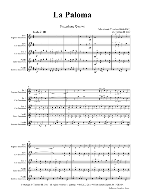 La Paloma - Spanish Habanera - Saxophone Quartet H - Arrangement: Thomas H. Graf - trad (Woodwind Ensemble)