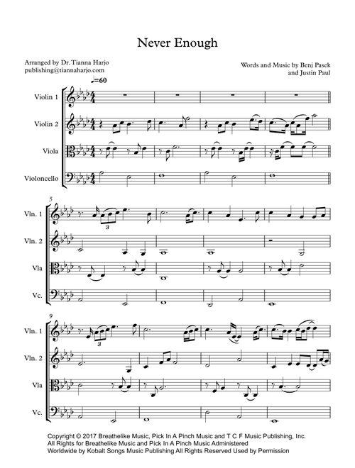 Never Enough (Arr. Dr. Tianna Harjo) - Justin Paul, Benj Pasek (String Quartet)