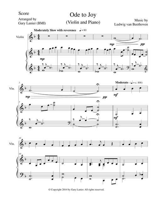 ODE TO JOY (Violin Piano and Violin Part) Joyful, Joyful, We Adore Thee (Arr. Gary Lanier) - Ludwig Van Beethoven (Violin and Piano)