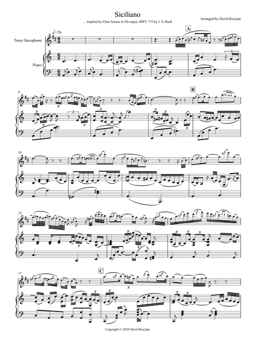 Bach: Siciliano from Flute Sonata in Eb-major (tenor sax & piano) (Arr. David Kocijan) (Tenor Sax and Piano)
