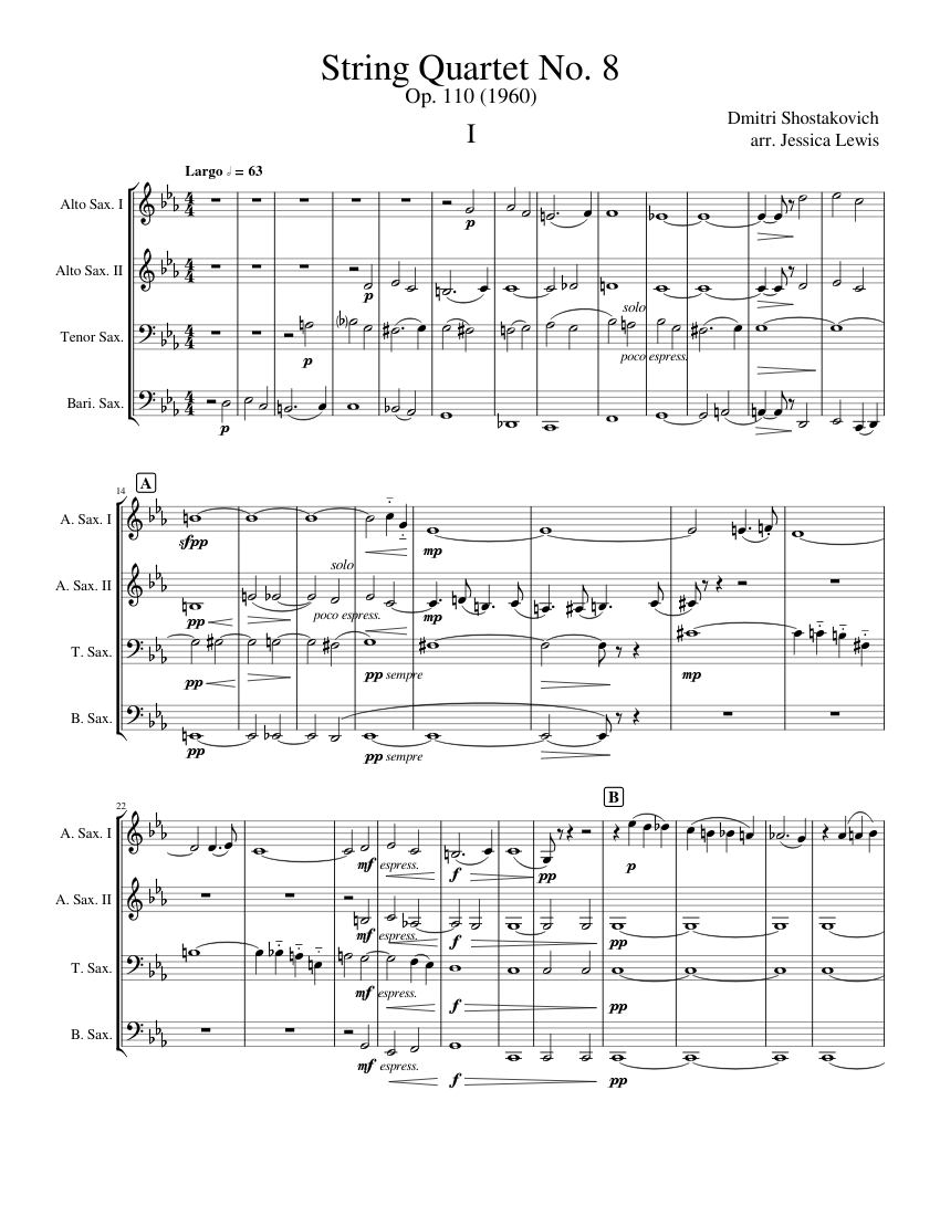 String Quartet No. 8 Sheet Music for Saxophone alto