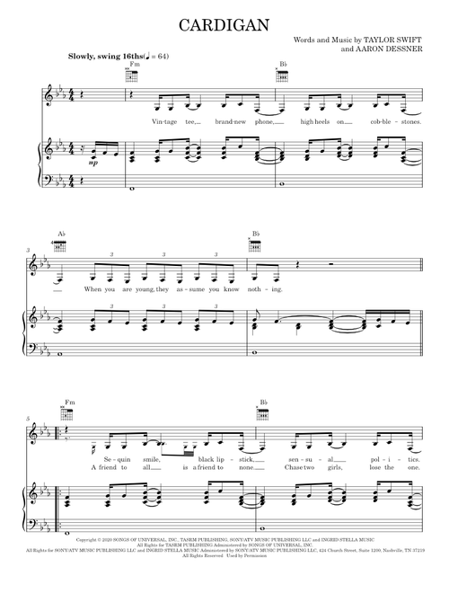 Cardigan - Taylor Swift (Piano-Vocal-Guitar)