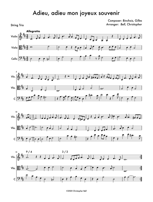 Adieu Adieu Mon Joyeux Souvenir (Arr. Christopher Bell) - Gilles, Binchois (String Ensemble)