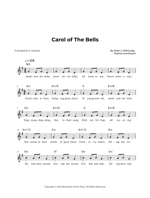 Carol of The Bells (Key of E Minor) (Arr. R. Salvario) - Peter J Wilhousky, Mykola Leontovych (Lead Sheet - Fake Book)