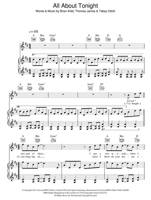 All About Tonight - Pixie Lott (Piano-Vocal-Guitar (Piano Accompaniment))