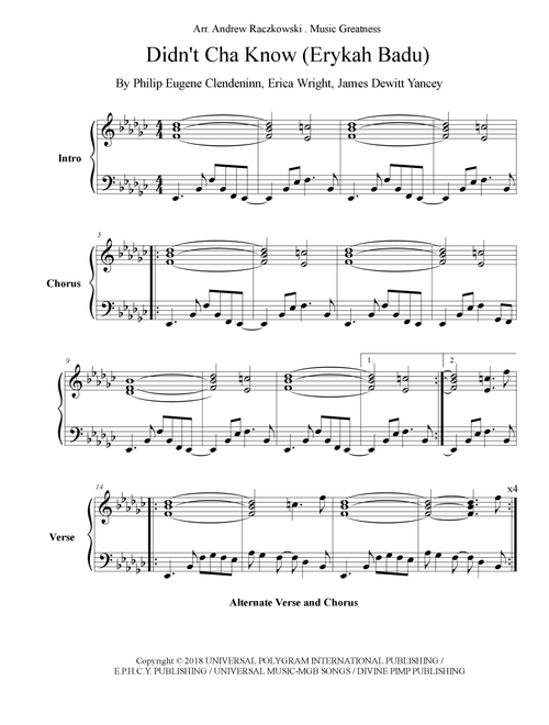 Didn't Cha Know (Arr. Music Greatness) - Badu Erykah (Piano Solo)