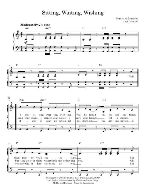 Sitting waiting wishing - Jack Johnson (Easy Piano)