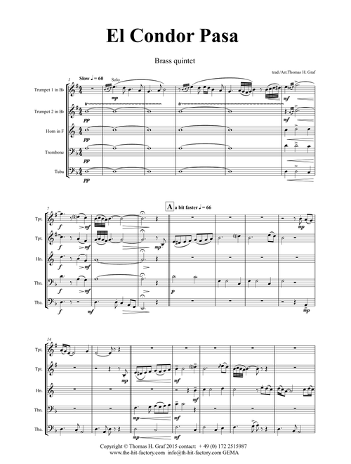El Condor pasa - Peruvian Folk Song - Brass Quintet (Arr. Thomas H. Graf) - trad (Brass Ensemble)