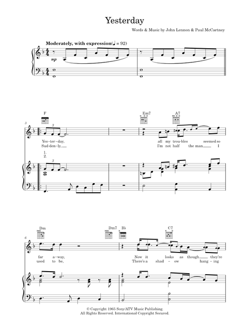 Yesterday - The Beatles (Piano-Vocal-Guitar (Piano Accompaniment))