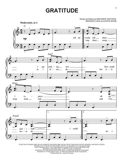 Gratitude - Brandon Lake (Easy Piano)