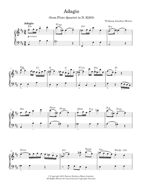 Adagio (from Flute Quartet In D, K285) - Wolfgang Amadeus Mozart (Piano-Vocal-Guitar (Piano Accompaniment))