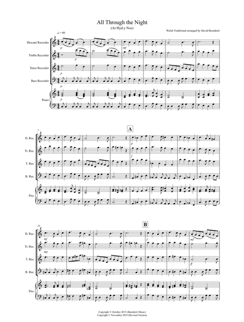All Through the Night for Recorder Quartet (Arr. David Burndrett) - Welsh Traditional (Recorder Solo)