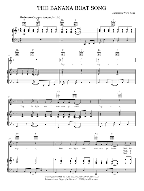 The Banana Boat Song (Day-O) - Jamaican Work Song (Piano-Vocal-Guitar)