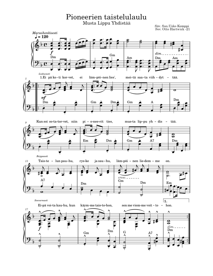 Pioneerien Taistelulaulu Sheet music for Piano (Piano-Voice ...
