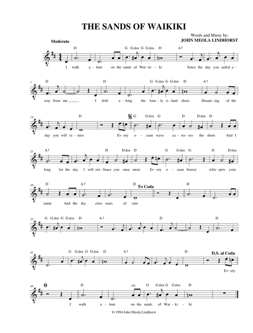 The Sands of Waikiki - John Meola Lindhorst (Lead Sheet - Fake Book)