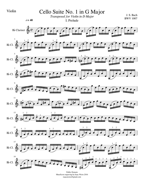 Bb Bach Cello Suite No 1 in G Major BWV 1007 Prelude Clarinet Alto Sax Violin