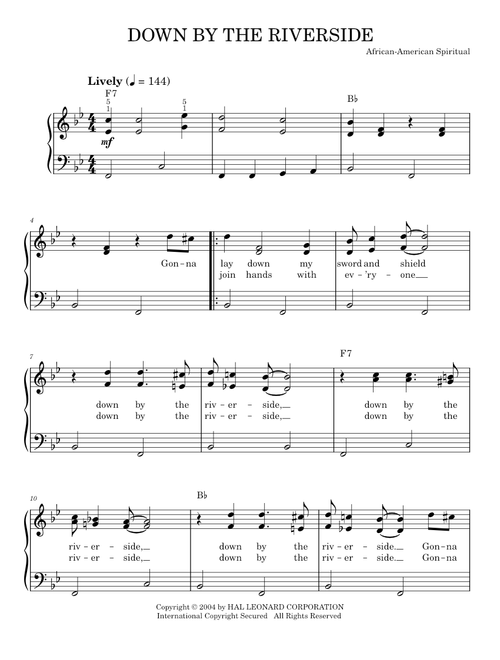 Down By The Riverside - African-American Spiritual (Easy Piano)