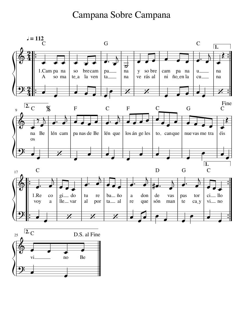 Campana Sobre Campana Sheet Music with Chords for Piano (Piano Duo ...