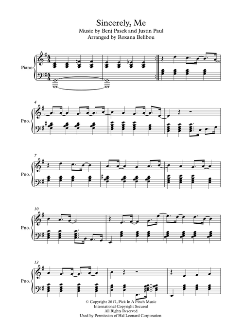 Sincerely, Me (Arr. Roxana Belibou) - Justin Paul, Benj Pasek (Piano Solo)