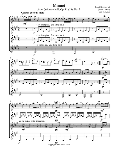 Minuet (Guitar Quartet) - Score and Parts (Arr. Kevin Love) - Luigi Boccherini (Guitar Ensemble)