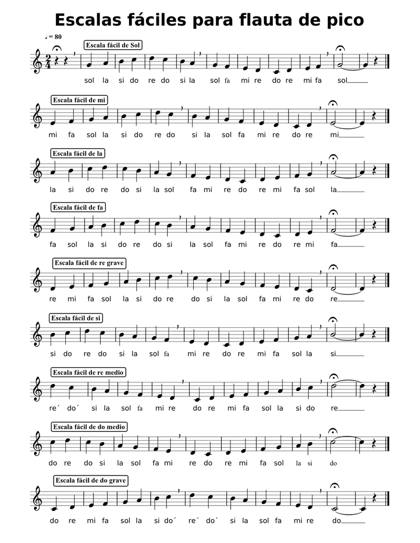 Control de Escalas fáciles para flauta de pico 1 Sheet Music for Piano ...
