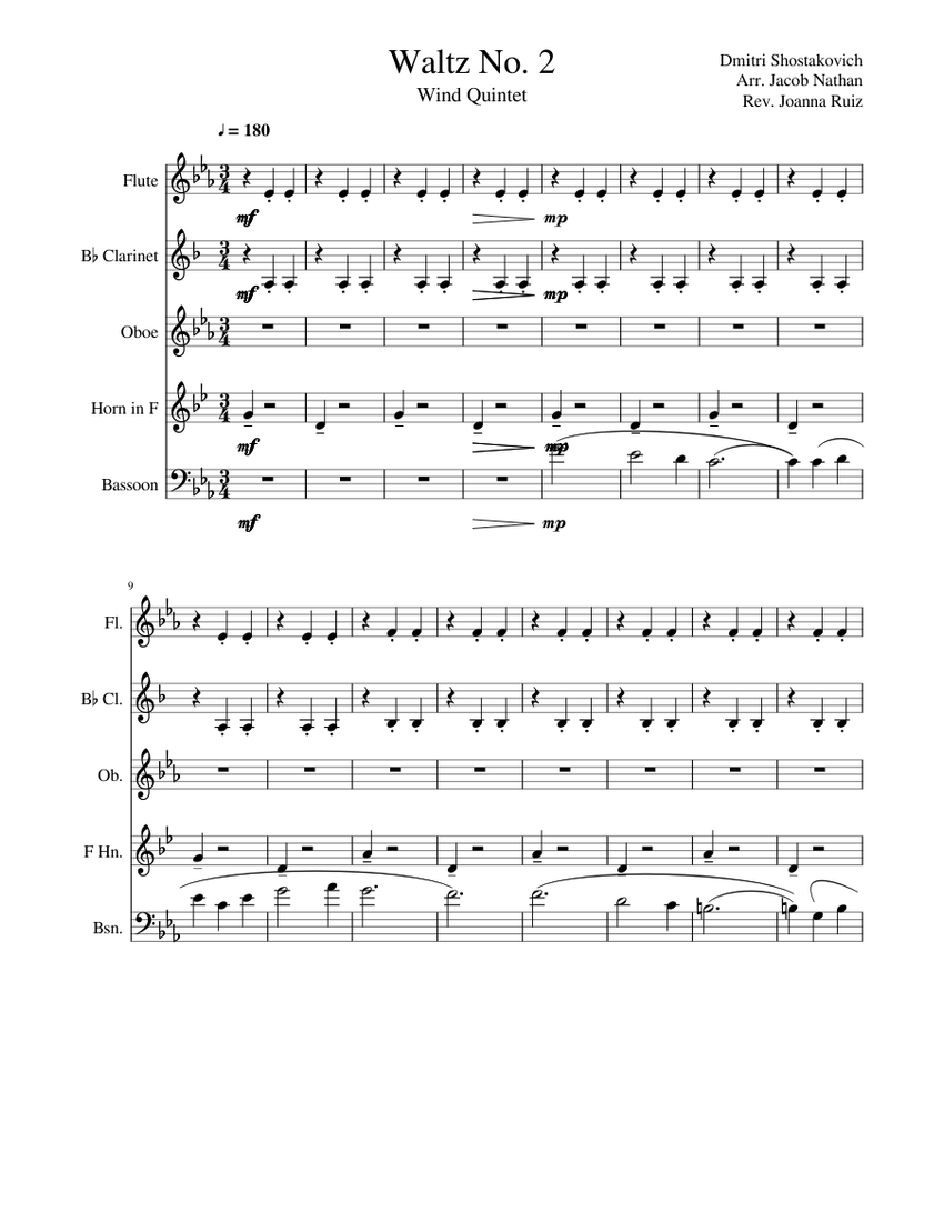 Waltz No. 2 for Woodwind Quintet Sheet music for Flute, Oboe,