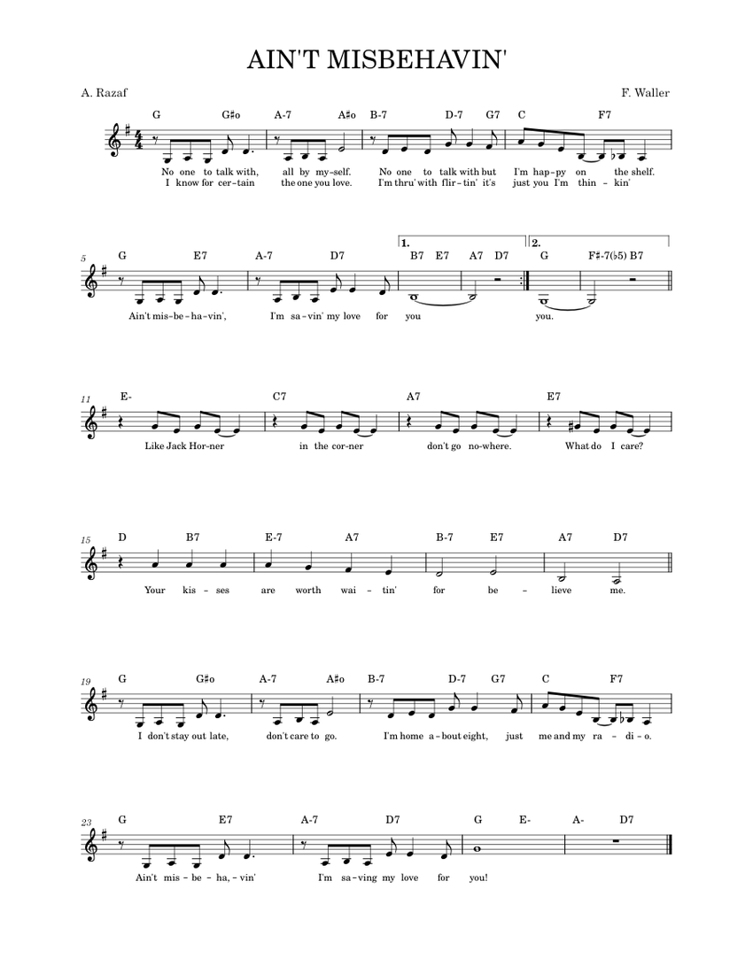 Ain't Misbehavin' G Sheet Music with Chords for Piano (Piano-Voice