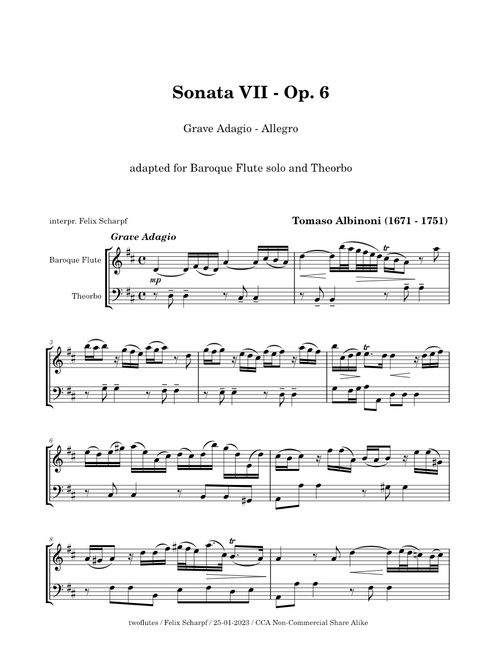Sonata No. 7, Op. 6 - Tomaso Albinoni - for Baroque Flute solo and Theorbo