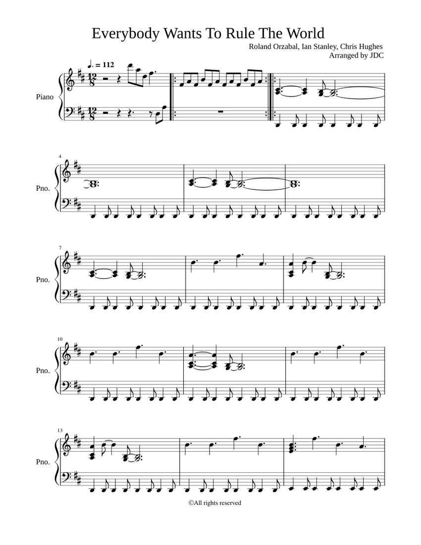 Everybody wants to rule the world – Tears for Fears Sheet Music