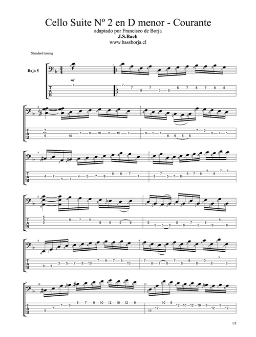 Bach Suite Nº2 Dm - Courante (Bass Guitar adaptation) (Arr. Francisco de Borja) (Bass Tab)