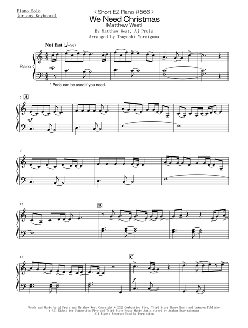 We Need Christmas (Arr. Tsuyoshi Yoroiguma) - Maddie & Tae (Easy Piano)