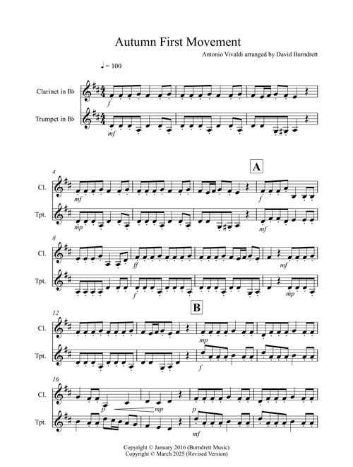 Autumn "Four Seasons" for Clarinet and Trumpet Duet (Arr. David Burndrett) - Antonio Vivaldi (Instrumental Duet)