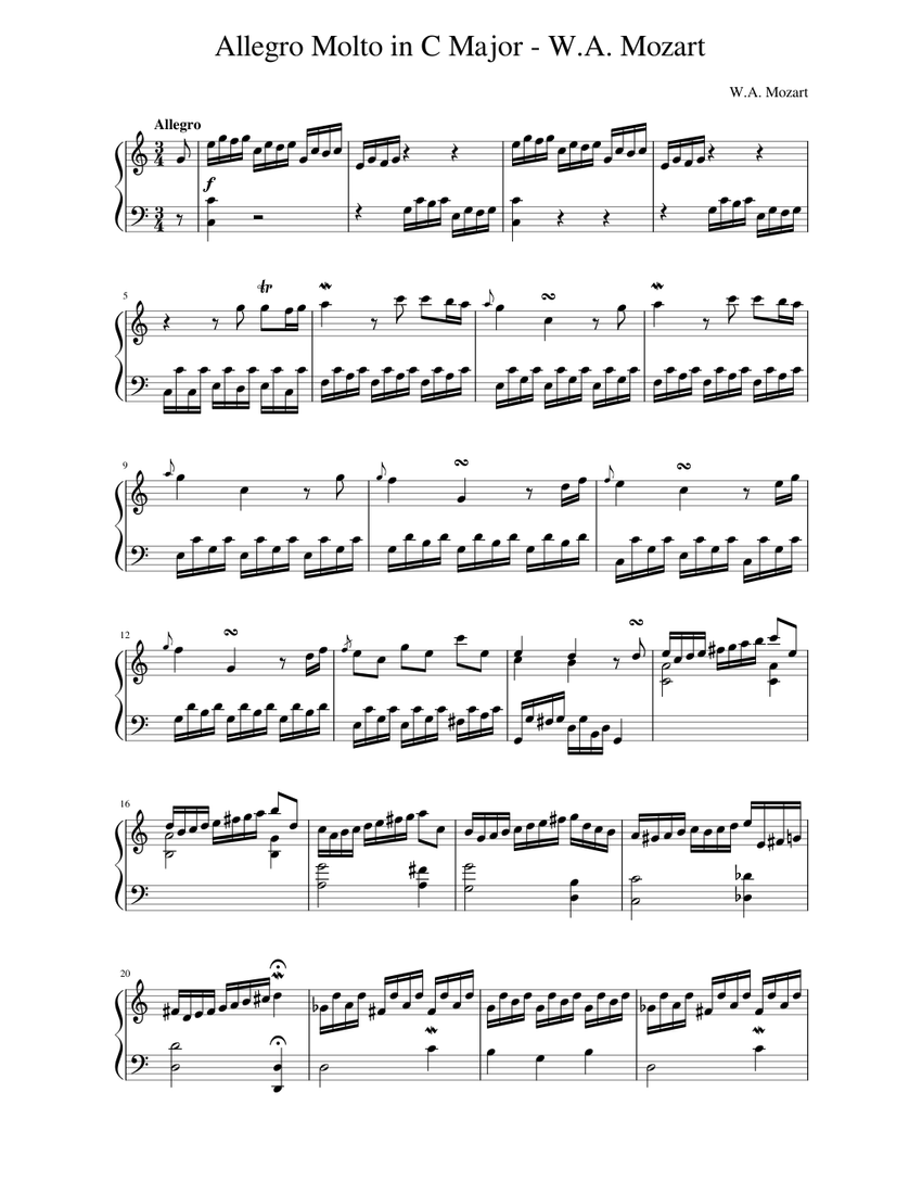 Allegro Molto in C Major - W.A. Mozart Sheet Music for Piano (Solo ...