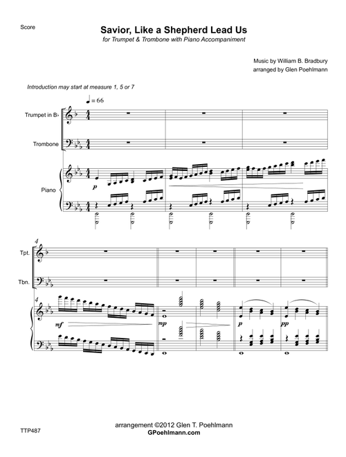 SAVIOR, LIKE A SHEPHERD LEAD US - TRUMPET & TROMBONE with Piano Accompaniment (Arr. Glen Poehlmann) - William B. Bradbury (Instrumental Duet and Piano)