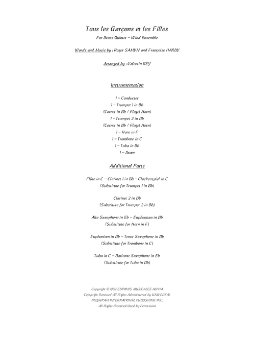 Tous Les Garcons Et Les Filles (Arr. Valentin Rey) - Francoise Hardy (Brass Ensemble)