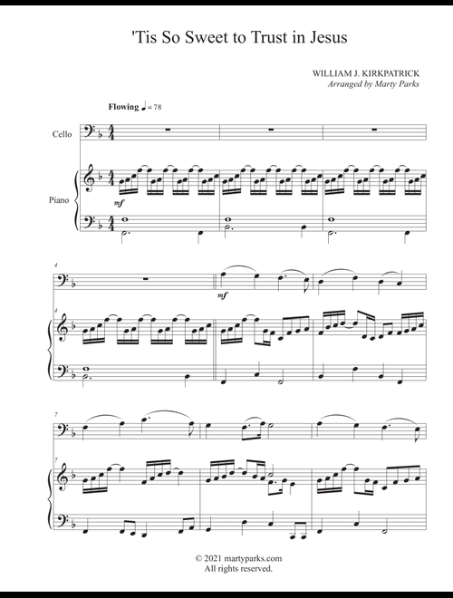 'Tis So Sweet to Trust in Jesus (Cello-Piano) (Arr. Marty Parks) - William J. Kirkpatrick (Cello and Piano)