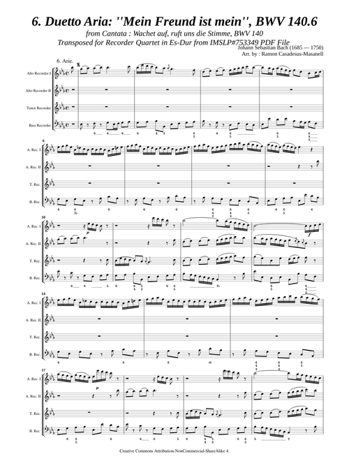 Bach, J. S. _ Aria : Mein Freund ist mein, BWV 140.6 [Recorder Quartet]