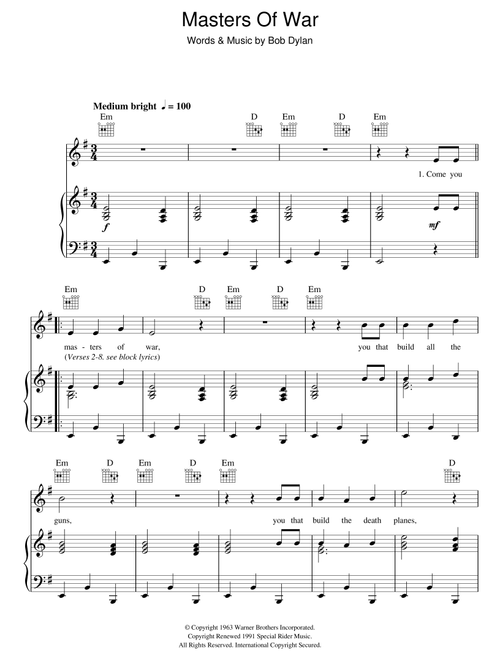 Masters Of War - Bob Dylan (Piano-Vocal-Guitar (Piano Accompaniment))