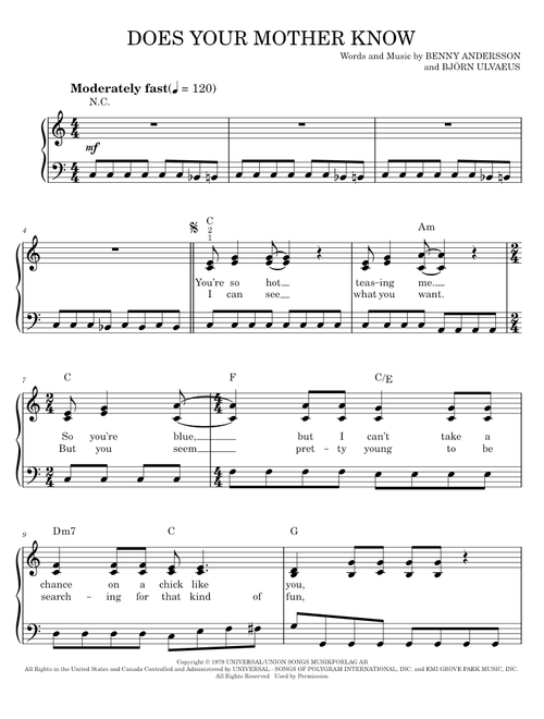 Does Your Mother Know - ABBA, Mamma Mia! Movie, Mamma Mia! Musical (Easy Piano)