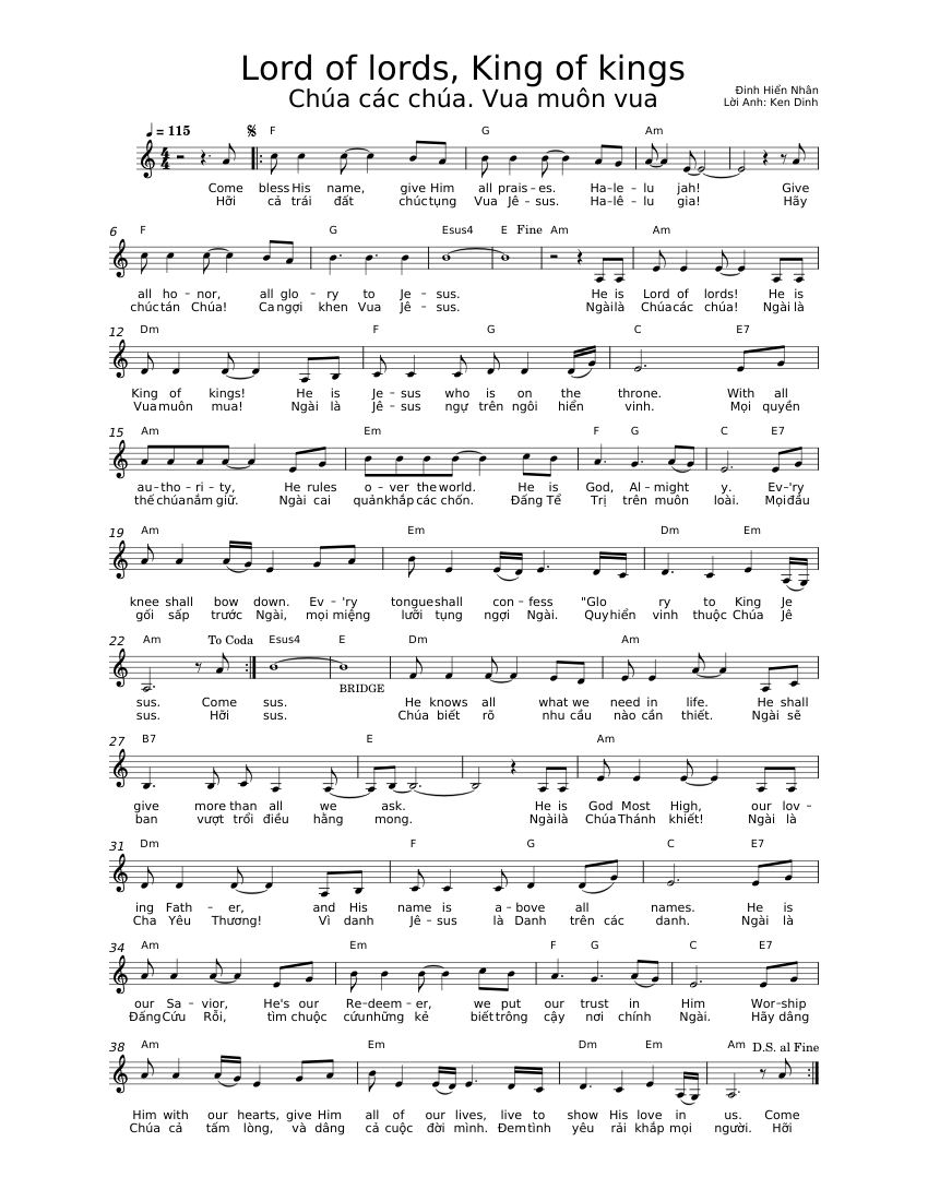 Lord of lords King of kings (Am) Sheet Music with Chords for Piano ...
