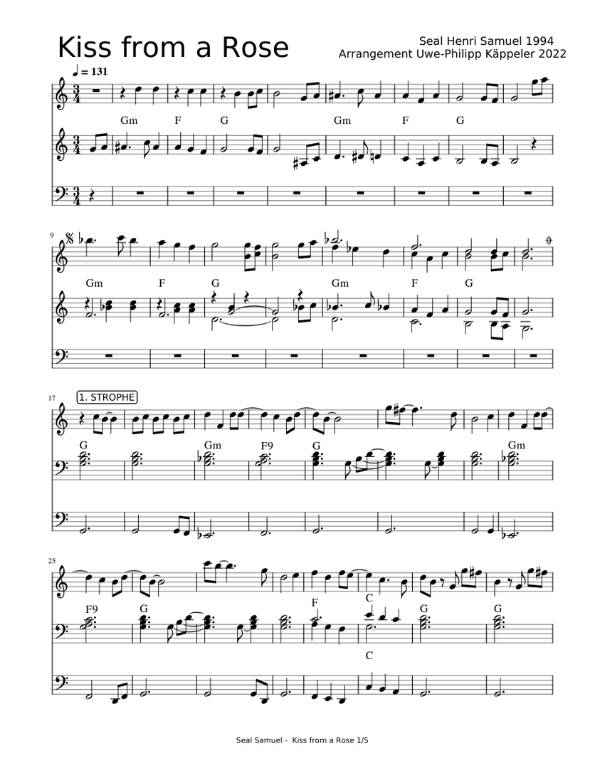 Kiss from a rose by Seal from Batman forever 1995 Sheet music for Violin,  Bass guitar, Strings group (Solo) 