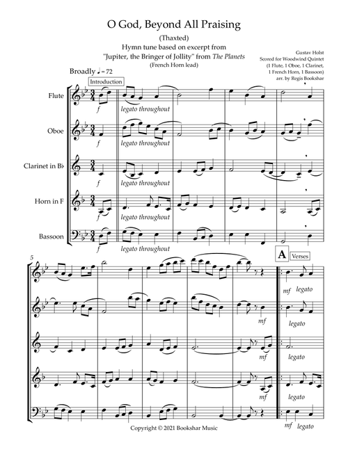 O God, Beyond All Praising (Thaxted) (Bb) (Woodwind Quintet - 1 Flute, 1 Oboe, 1 Clar, 1 Hrn, 1 Bass (Arr. Regis Bookshar) - Gustav Holst (Woodwind Ensemble)