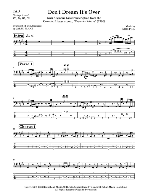 Don't Dream It's Over (Arr. Jared Plane) - Crowded House (Bass Tab)