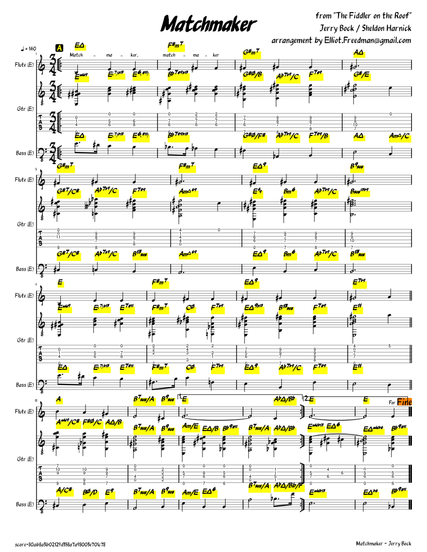 Matchmaker Bock/Harnick ( quot Fiddler on the Roof quot ) Sheet music for Flute