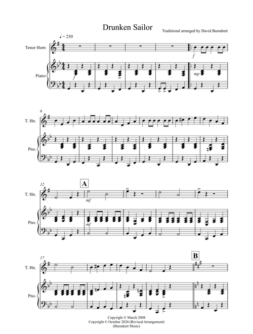 Drunken Sailor for Tenor Horn and Piano (Arr. David Burndrett) - Traditional (Instrumental Solo (with Piano Accompaniment))