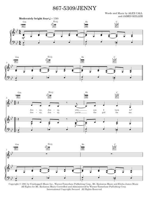 867-5309 jenny - Tommy Tutone (Piano-Vocal-Guitar)