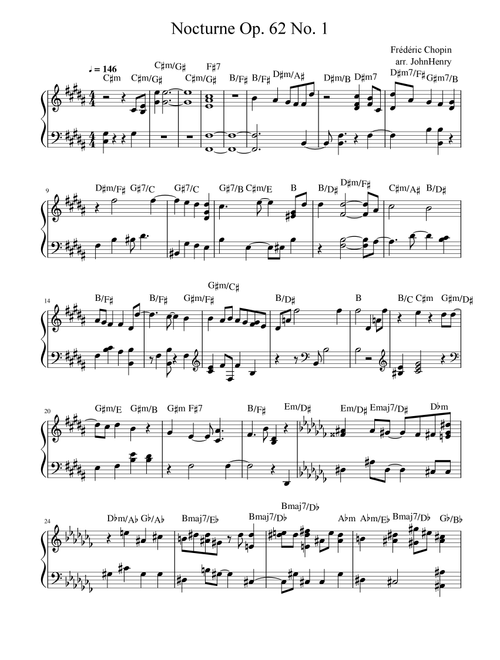 Nocturne Op. 62 No. 1 - Frédéric Chopin (Easy Piano Arrangement) (Arr. JohnHenry) (Piano Solo)